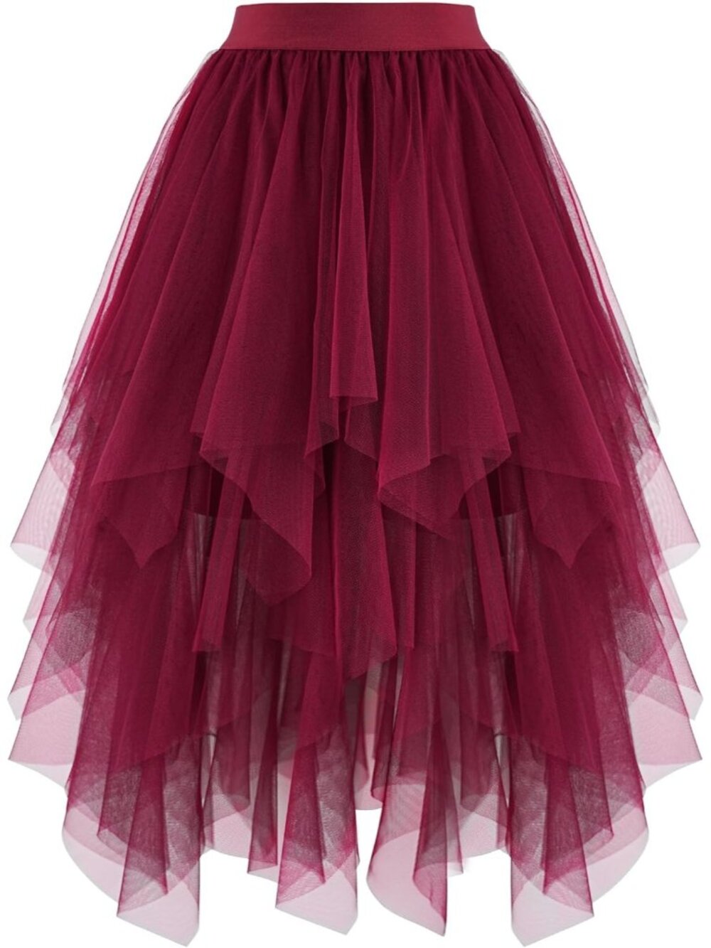 Women's Maroon High Low Layered Asymmetrical Puffy Fairy Midi Length Tulle Skirt